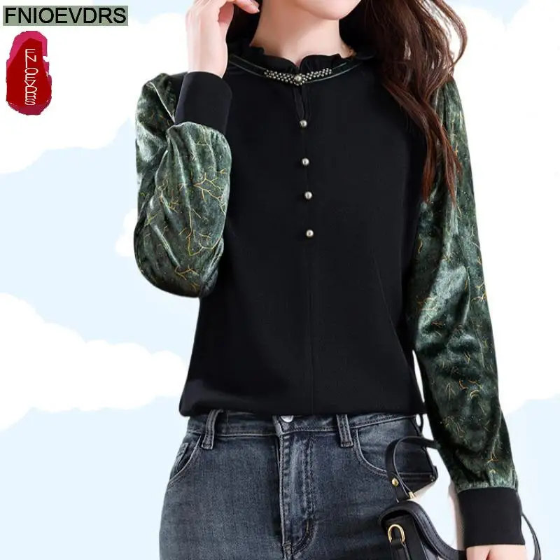 Office Shirts Basic Wear New Design Women 2024 Autumn Winter Patchwork Green Long Sleeve Retro Black Velvet Tops Blouses