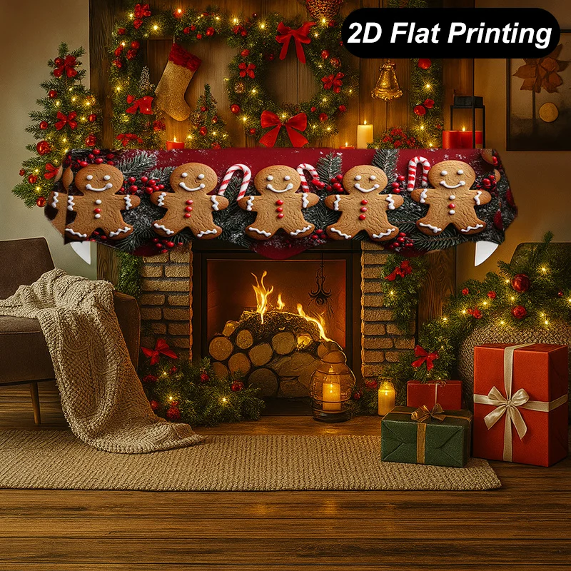 VIKAMA Christmas Fireplace Mantel Scarf Gingerbread Man Candy Cane Mantel Topper Xmas Fireplace Shelf Cover Winter Home Decor
