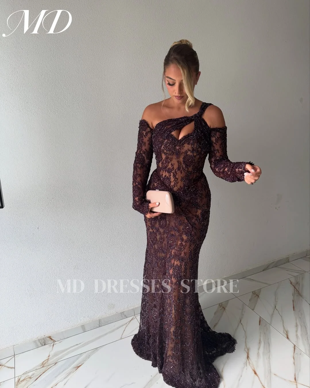 MD فساتين سهرة فاخرة جديدة من الدانتيل البني بدون أكتاف وأكمام طويلة مطرز بالخرز 2025 دبي حورية البحر فستان رسمي للحفلات الراقصة حسب الطلب #3