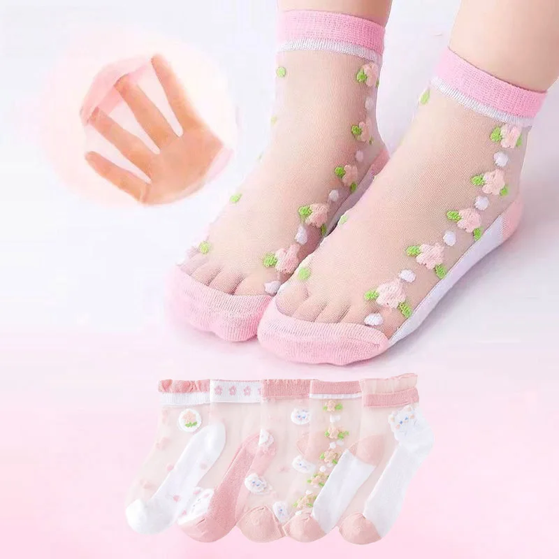

5Pairs Summer Baby Mesh Socks Pink Flower Girl Ice Silk Sock Purple Love Princess Kids Short Socks 2-8Year Children Footwear