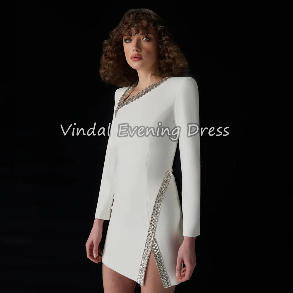 

Креп Vindal, прямые мини-платья с бисером, простые вечерние платья в Саудовской Аравии для женщин, 2025 г., элегантное арабское вечернее платье с длинными рукавами