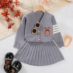 Grey Bear Printed Pocket Cardigan+solid Color Pleated Skirt 2-piece Sets for Winter Korean Version Simple Kids Clothes Girls