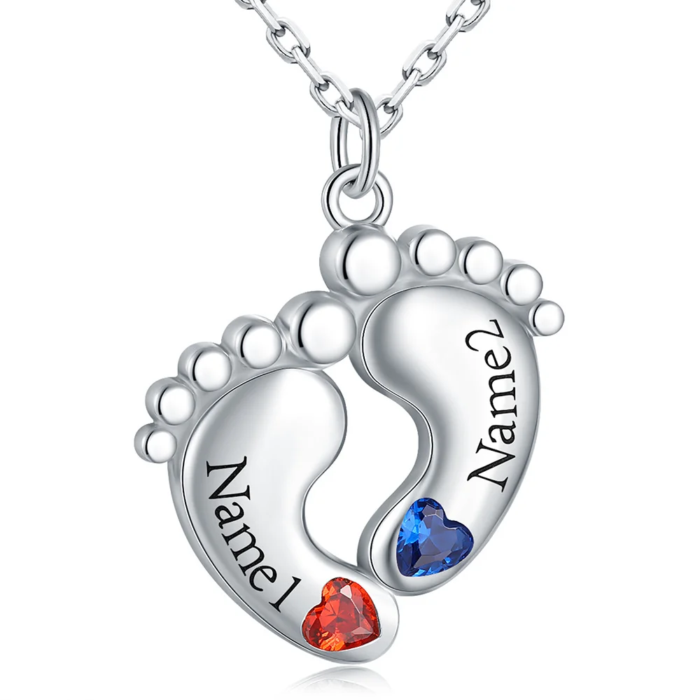 Personalized Name Footprint Necklace With Birthstones Sterling Silver Custom Baby Feet Pendant Mother's Day Jewelry Gift for Mom