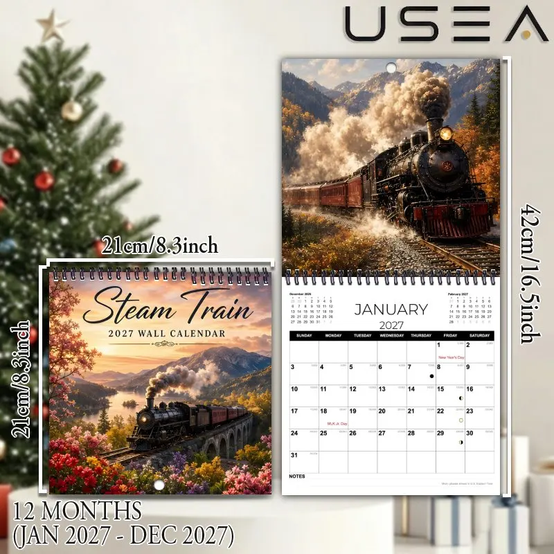 2027Vintage Steam Train Wall Calendar,Twin Wire Spiral Binding Large Writable Blocks US Federal Holidays,Aesthetic Wall Decor