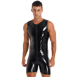 Mens Lingerie Zipper Patent Leather Bodysuit Glossy Round Neck Sleeveless Jumpsuits Black Clubwear for Pole Dancing Rave Party