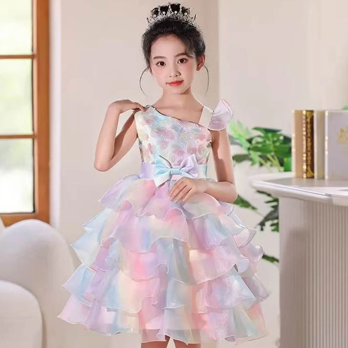 Fashion Colorful Girls Dress Gradient Irregular Birthday Dinner Performance Dress Skirt With Cake Butterfly Knot For Kids