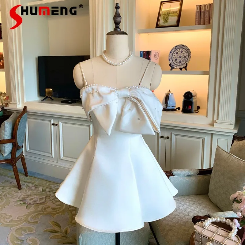 

French Style Off-Shoulder Bow Elegant Atmosphere Strap Dress Japanese Rojita Sweet Chic Solid Color Big Bow Beading Dresses Girl