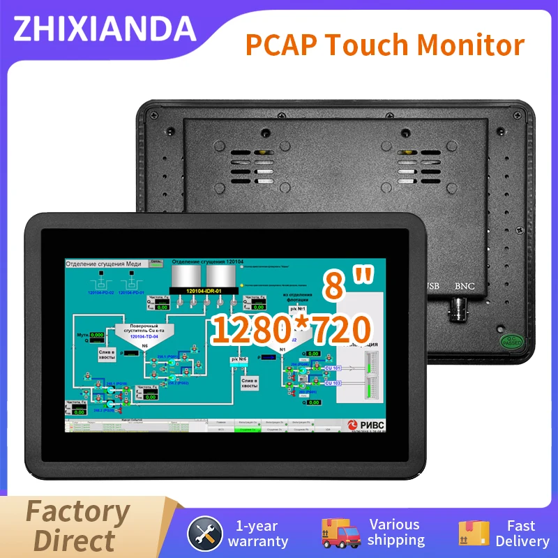 8 Inch Widescreen 1280*720 Capcaitive Touch Screen Embedded Monitor Panel Mount Industrial Display With AV BNC HDMI VGA