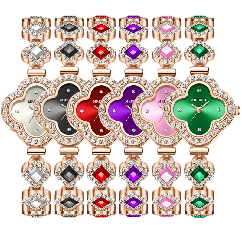 Diamond Set Color Light Luxury Drawstring Watch Exquisite Small Pearl Clover Drawstring Style Quartz Women's Watch Reloj Mujer
