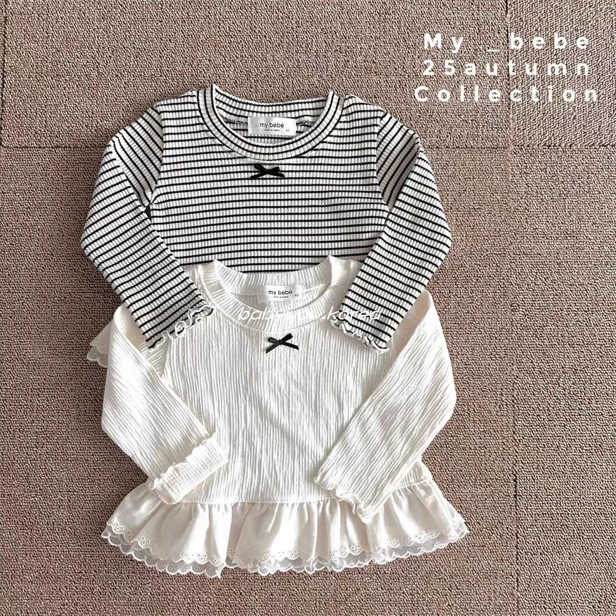 K2716-T2718 Korean Style Spring Autumn Kids' Outfit Set with Ruffle Stripe Solid Color T-Shirt Two-Piece Set for Little Girls