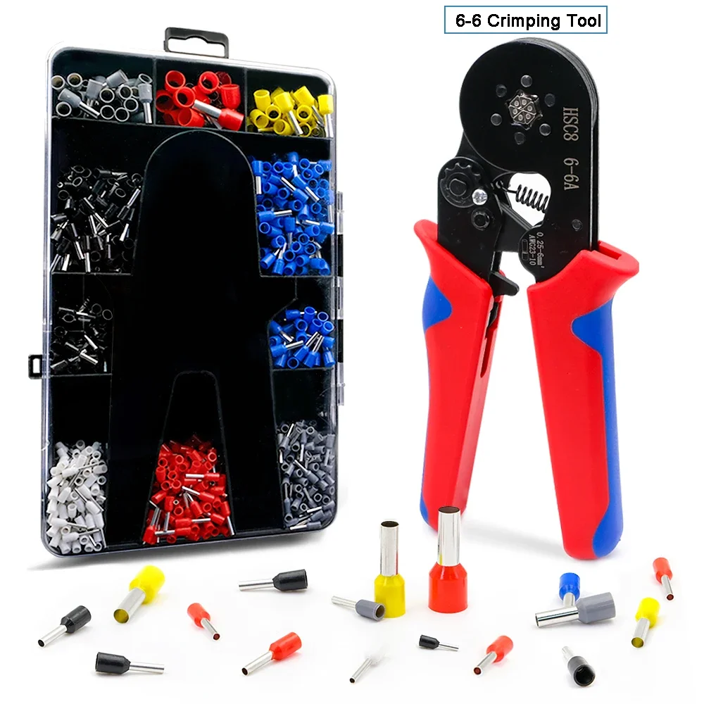 HSC8 Cable Wire Crimper Crimping Tool Plier Set 6-4/6A 23-7AWG Self Adjustable 1200Pcs Cord End Bootlace Ferrules Terminals Kit