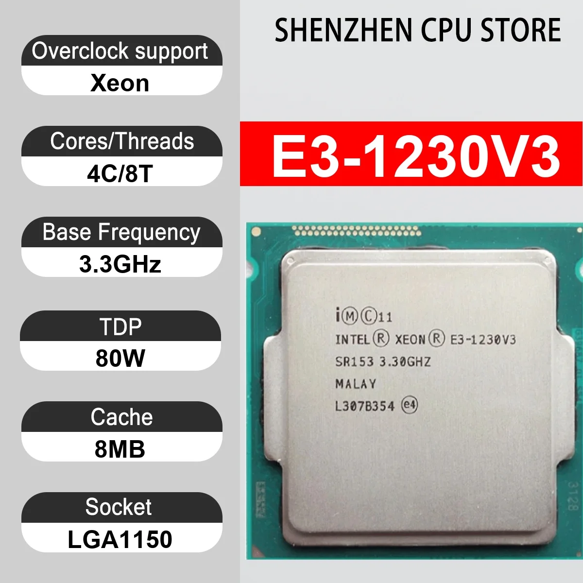 Intel Xeon E3-1230V3 4 Core 8 Thread 3.3GHz 80W 8MB Cache 22nm LGA1150 SR153 DDR3 1600 Mhz Haswell