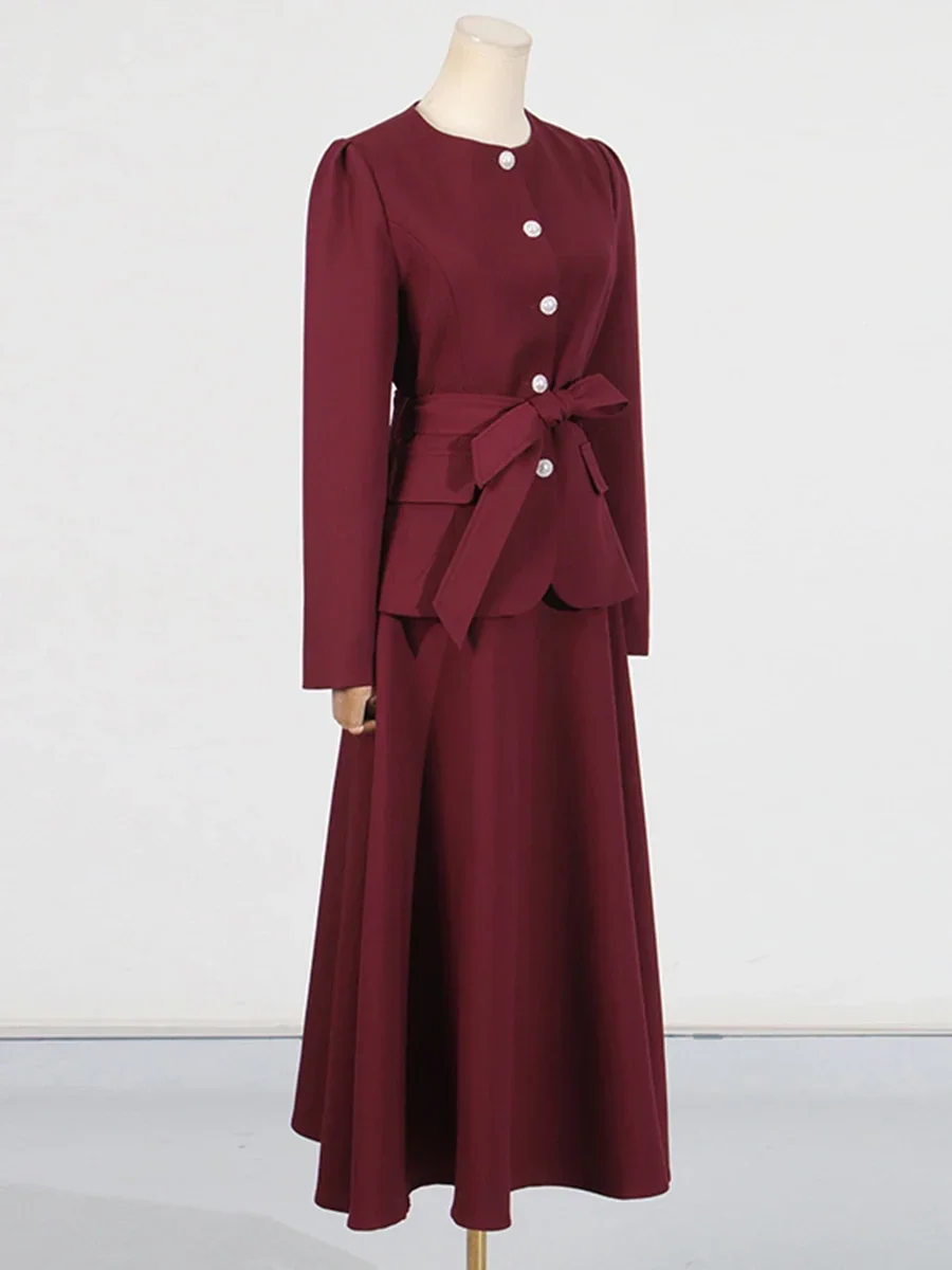 VGH Casual Solid Two Piece Set for Women O Neck Spliced Lace Up Top High Waist Pleated A Line Skirt Temperament Suit Female New