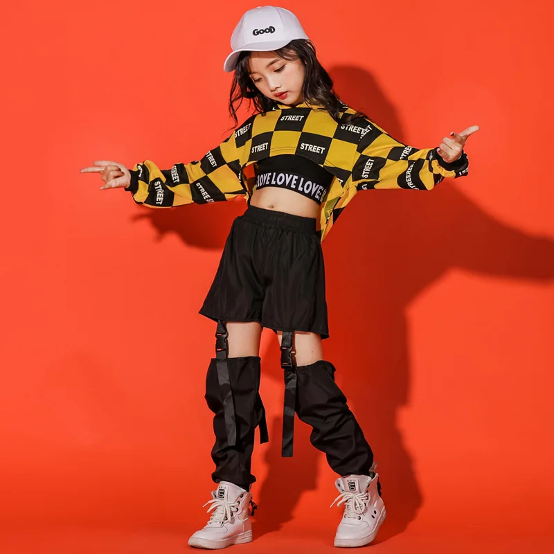 Girls Jazz Dance Costume Hooded Crop Tops Black Pants Hip Hop Performance Clothing For Kids Stage Wear Rave Kpop Outfit BL9923