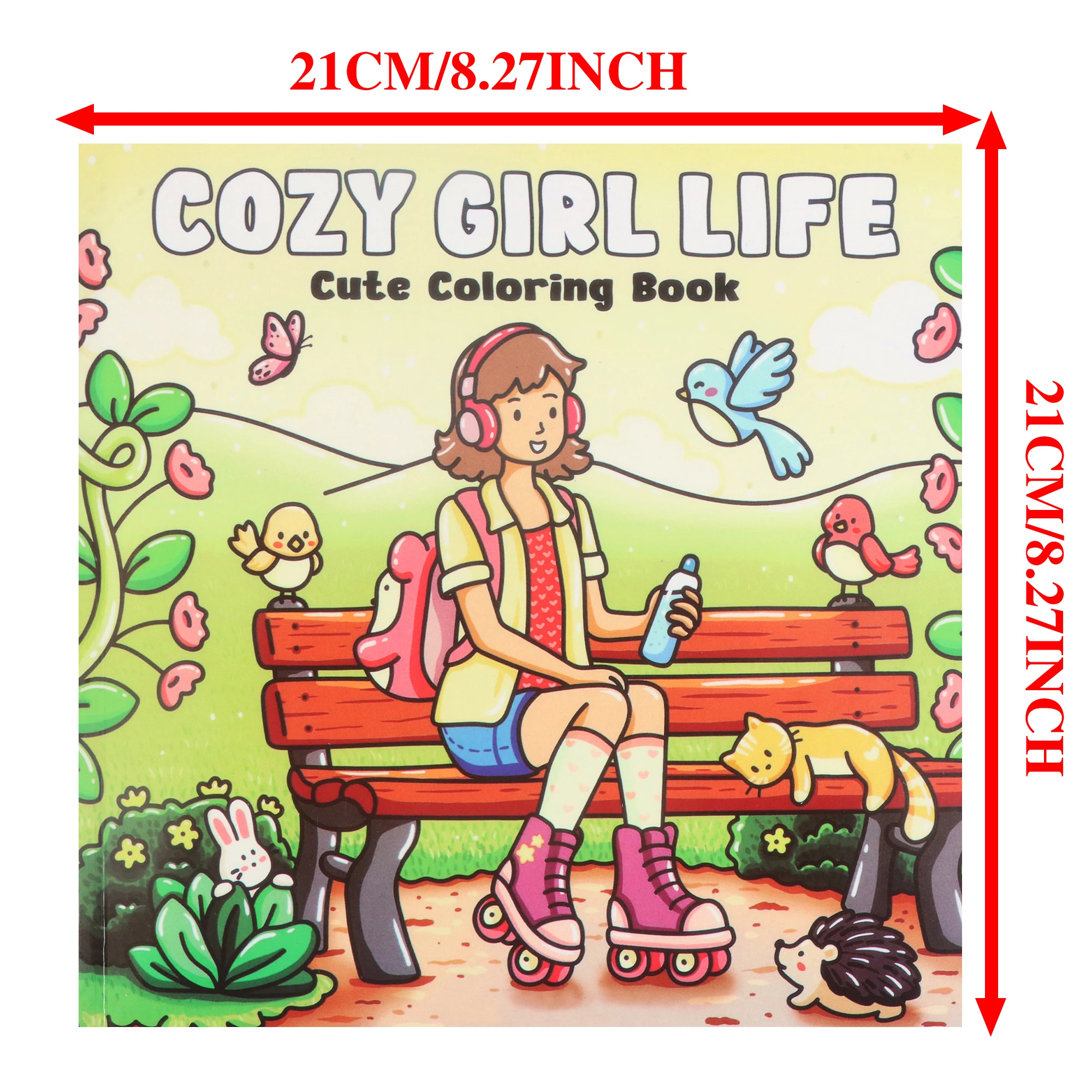 21x21cm Cute Girl Life Coloring Book, Kawaii Park Animal Coloring Pages with Roller Skating Girl, Easy Relaxing Art Activity Boo