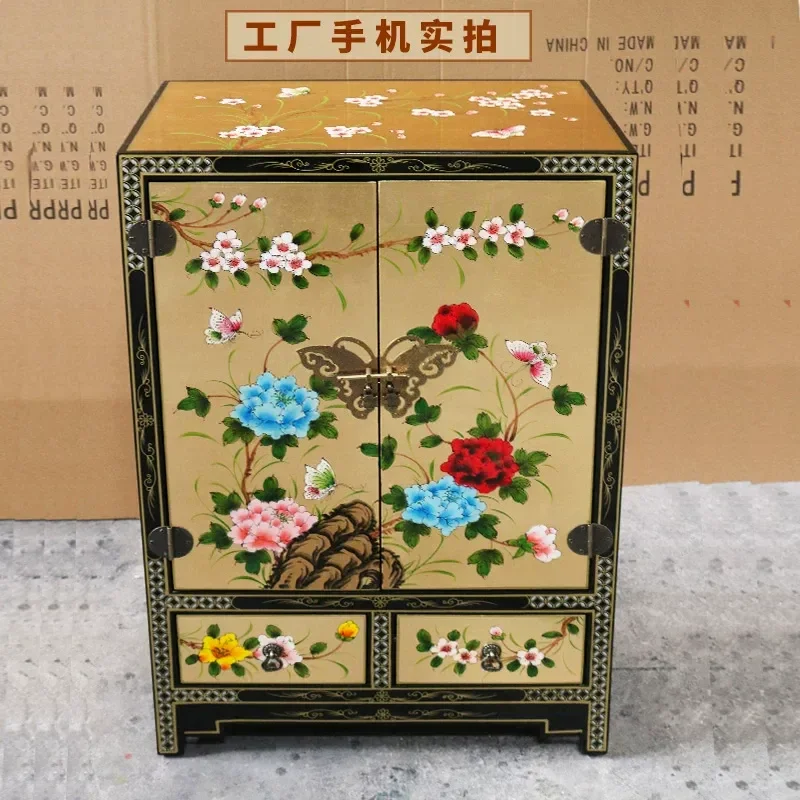 New Chinese Style Gold Foil Shoe Cabinet Solid Wood Painted Entryway Storage Locker for Foyer Living Room Decorative