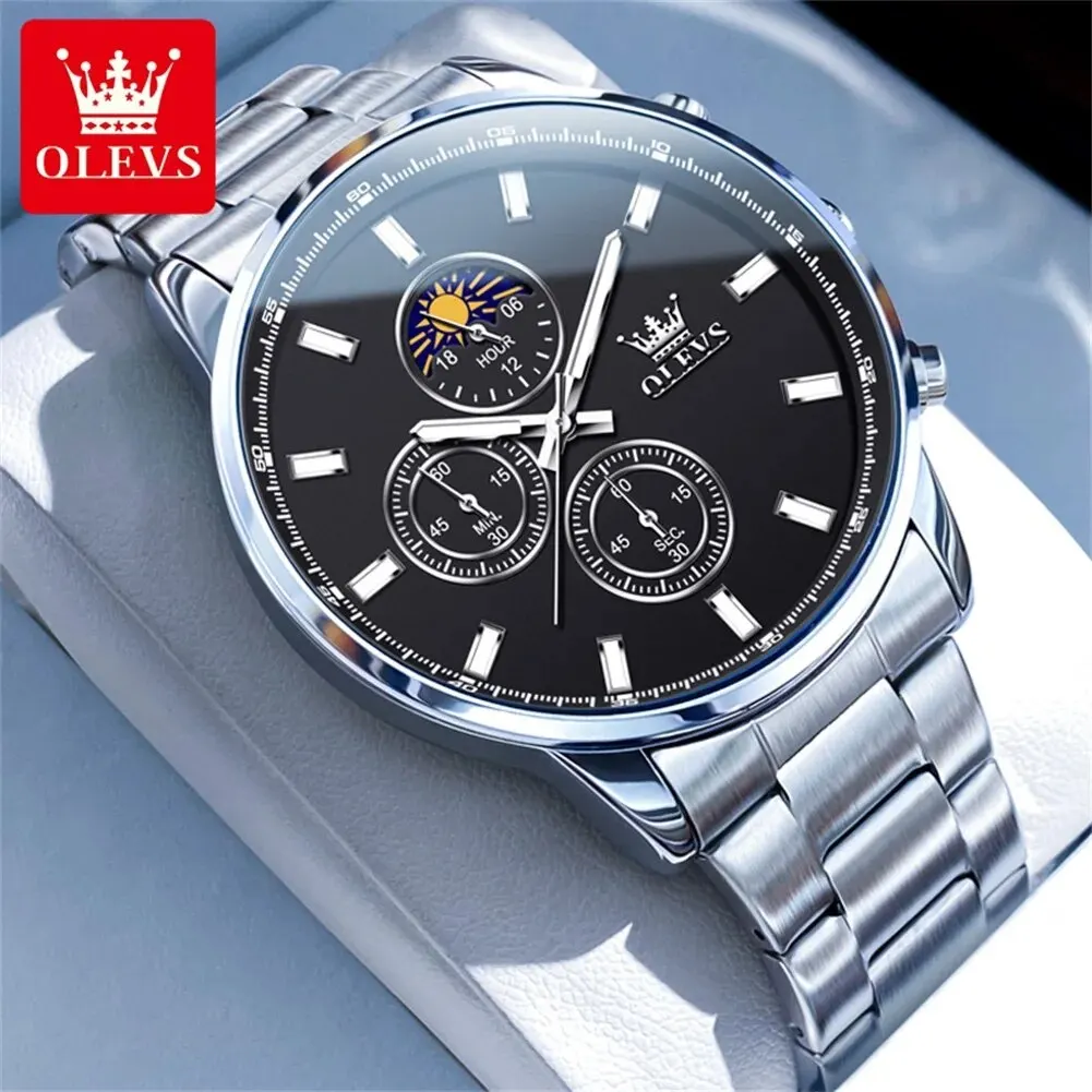 OLEVS 2902 Stainless Steel Men\'s Watches Simplicity Luxury Top Original Chronograph Waterproof Moon Phase Quartz Watch for Men