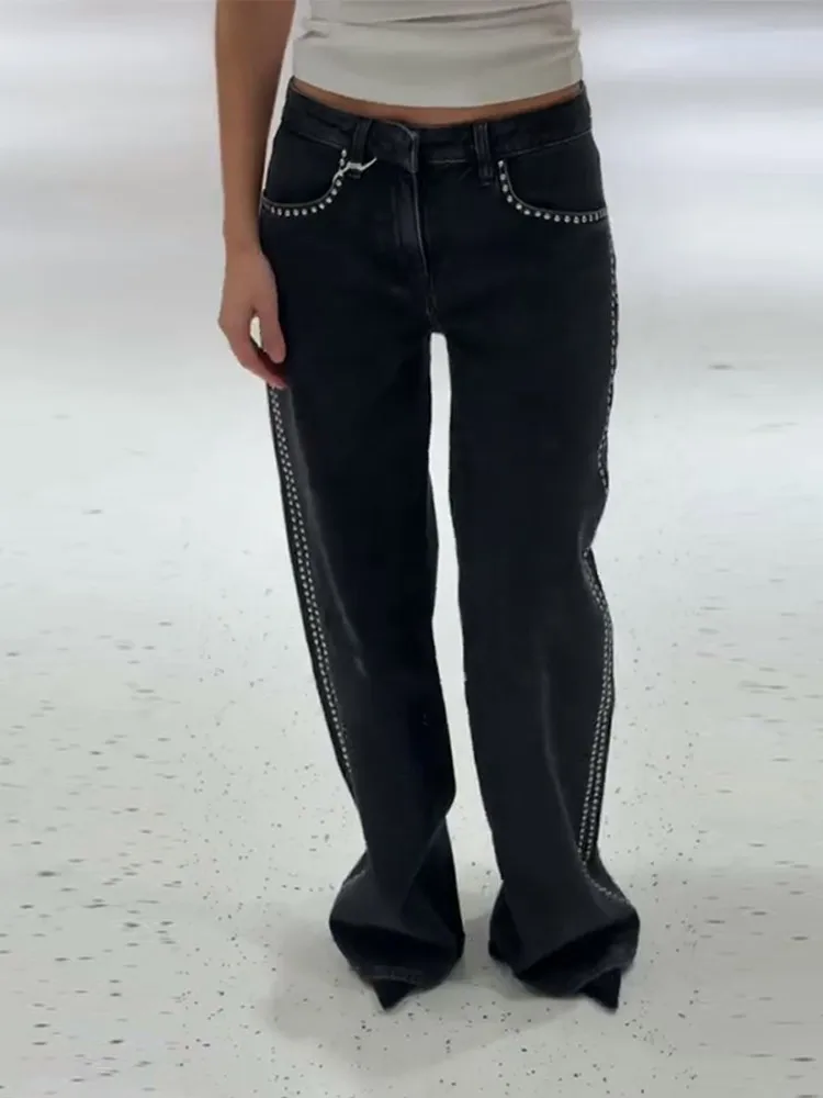 

Fashion Diamonds Rivet Pants For Women Ankle-length Wide Leg Pocket Button Zippers Jeans 2025 Summer Chic Female Casual Trousers