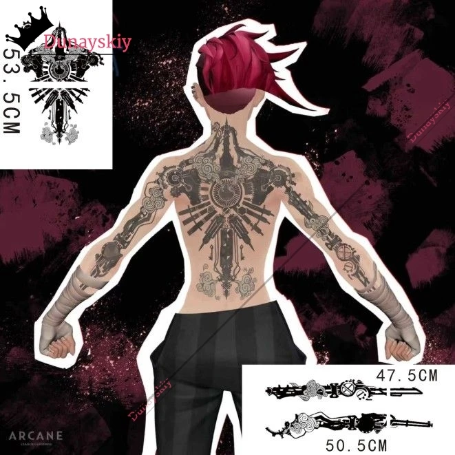 Game LoL Arcane 2 Vi Cosplay Costume Dorsal Tattoo Sticker 47-53CM Waterproof Tatoos  Arcane VI Role-playing Decals Accessory image 4