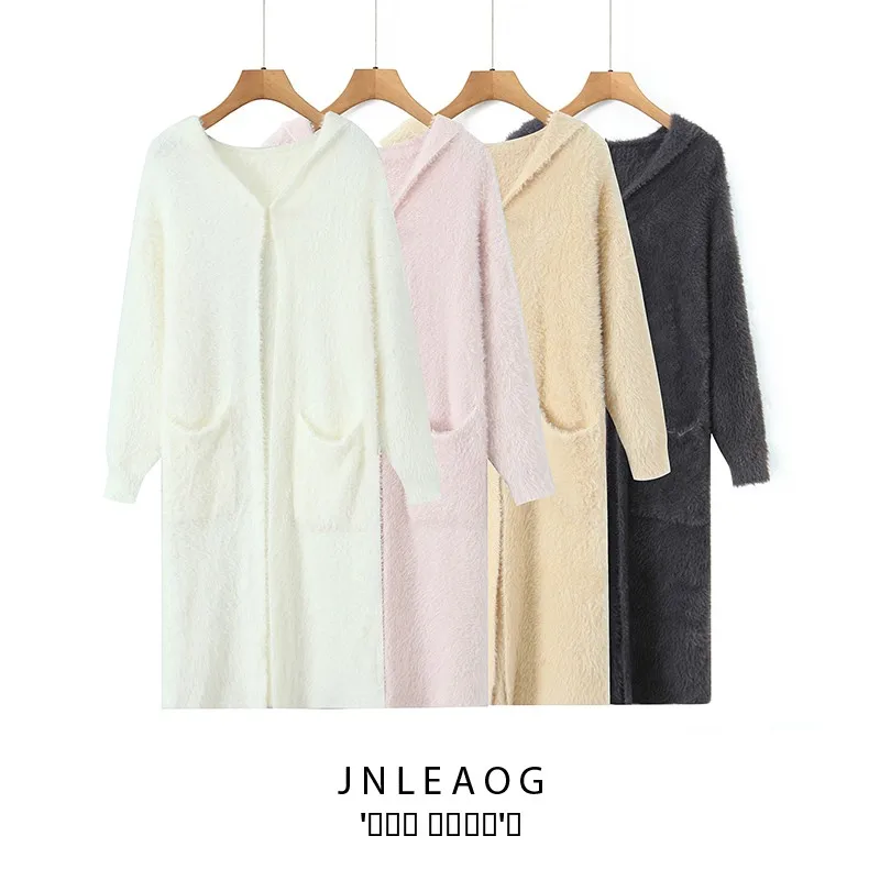 

Модный открытый кардиган средней длины с шапкой и кет, осеннее новое поступление, женский вязаный длинный свитер из полиэстера