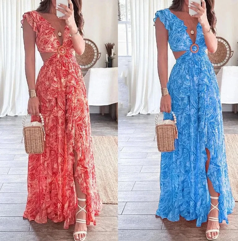 

Весенне-летний стиль отпуска, без рукавов, с v-образным вырезом, с длинным подолом, повседневное длинное платье, новое модное платье с цветочным принтом