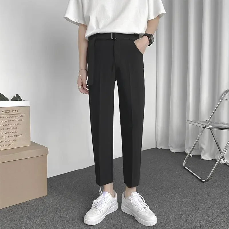 With Belt Baggy 9 Cropped Elastic Tressed Slim Fit Men's Summer Pants Stretch Male Suit Trousers Social Tailoring Straight 2024