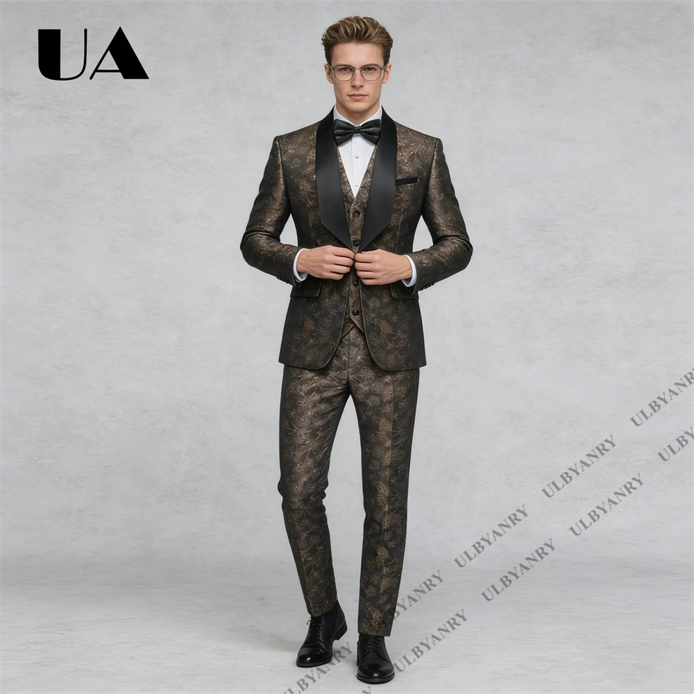 

ULBYANRY High End Men's Three Piece Formal Suit Set Floral Jacquard Blazer with Black Collar, Matching Vest Pants Groom Suits