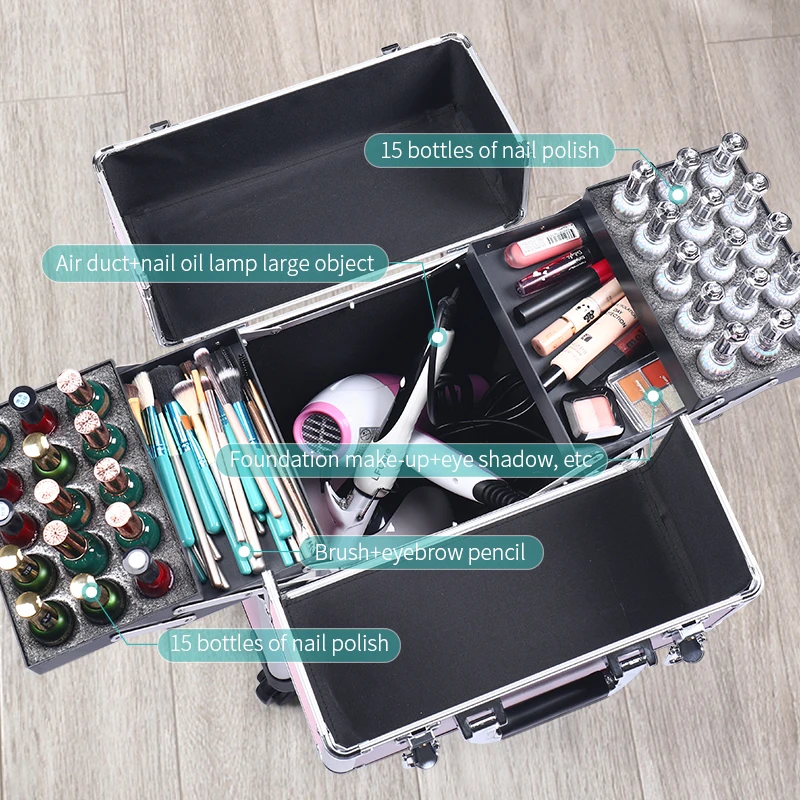 Aluminum Rolling Makeup Train Case, Portable Makeup Organizer Suitcase, Cosmetic Storage Box, Travel Beauty Luggage Trolley Lock