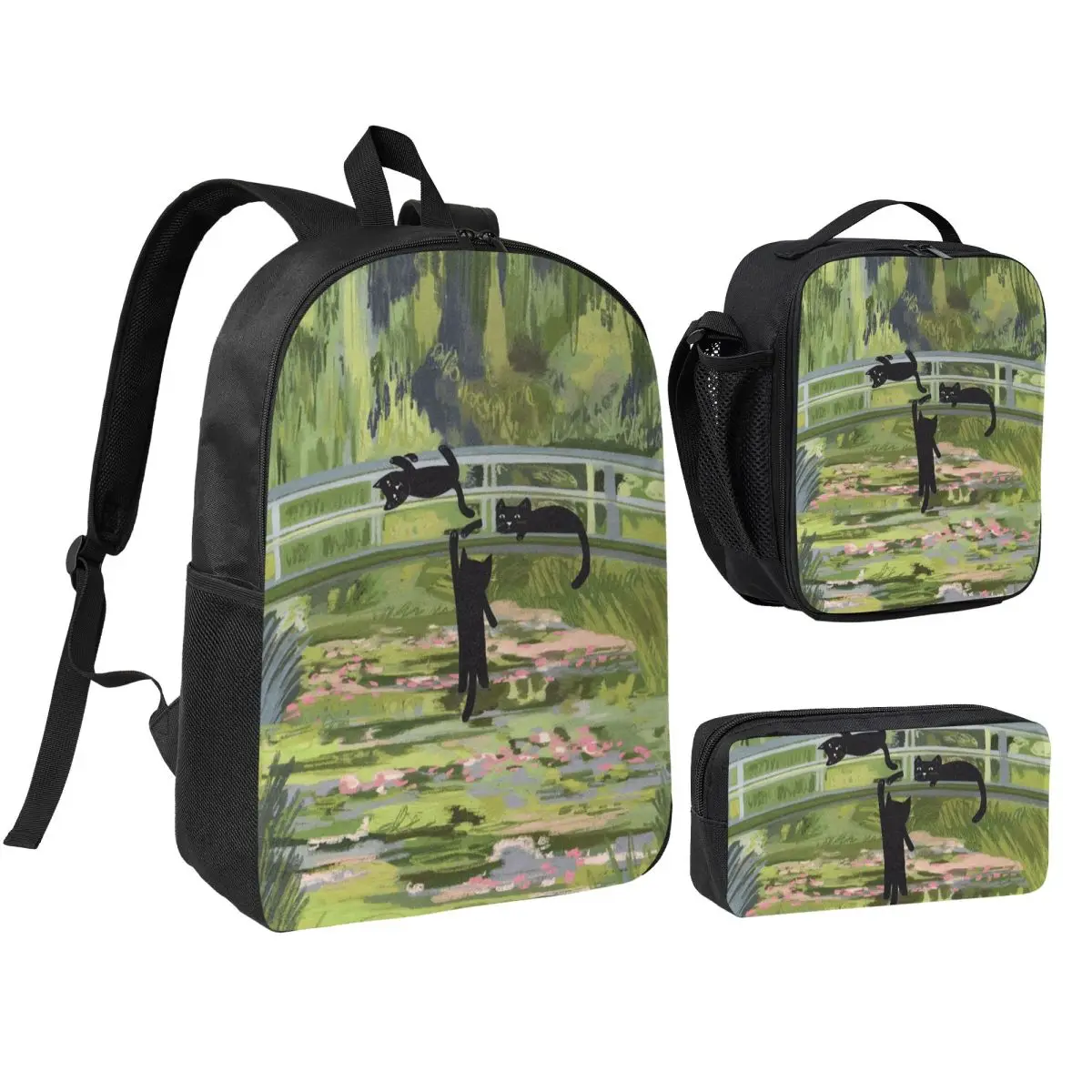Adorable Kitten Water Lily Pond Bridge Backpack Student BookBag School Bag Shoulder Bags 3ps Insulated Lunch Bag Pencil Case