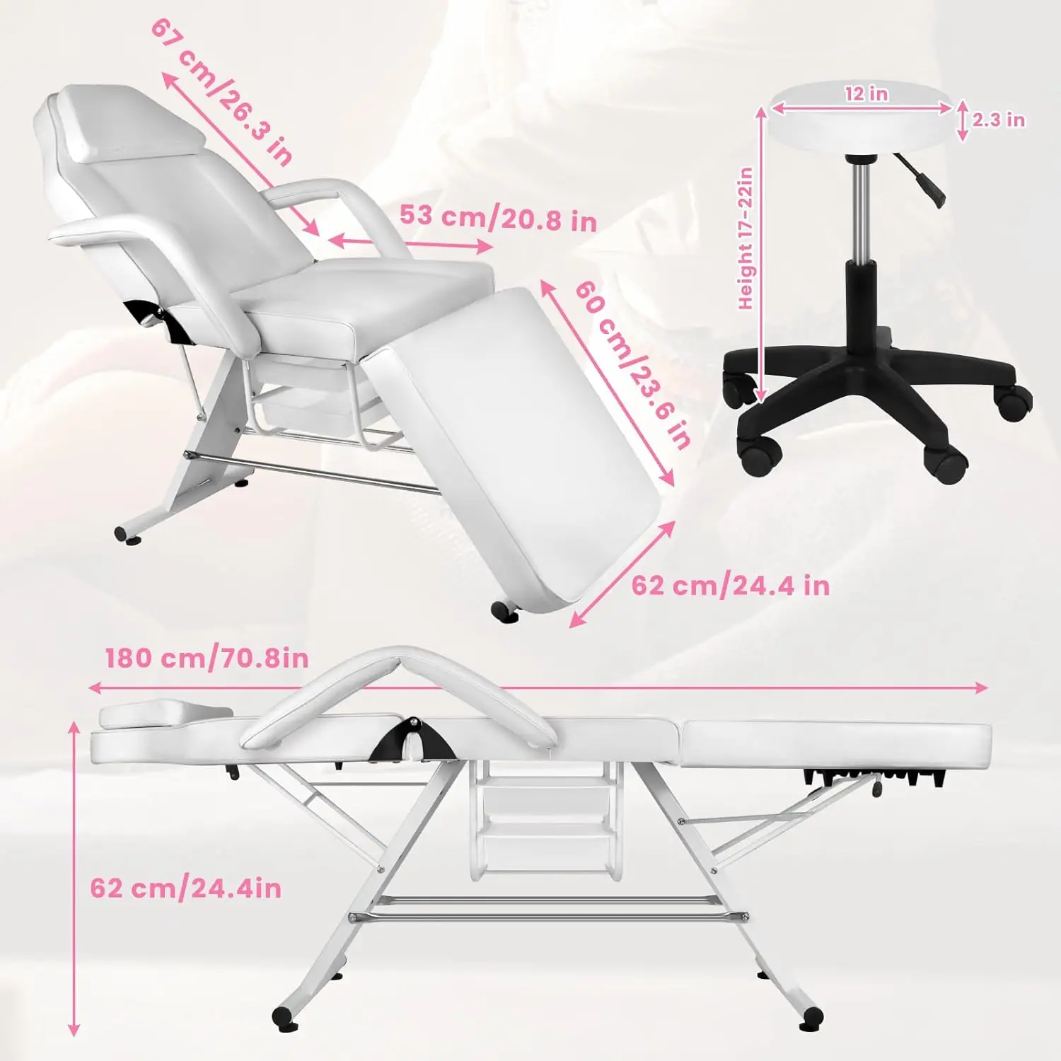 3-Section 70.8-Inch Lash Bed, Facial Bed Massage Table Adjustable Tattoo Chair, Multi-Purpose Facial Bed Table, Salon Chair