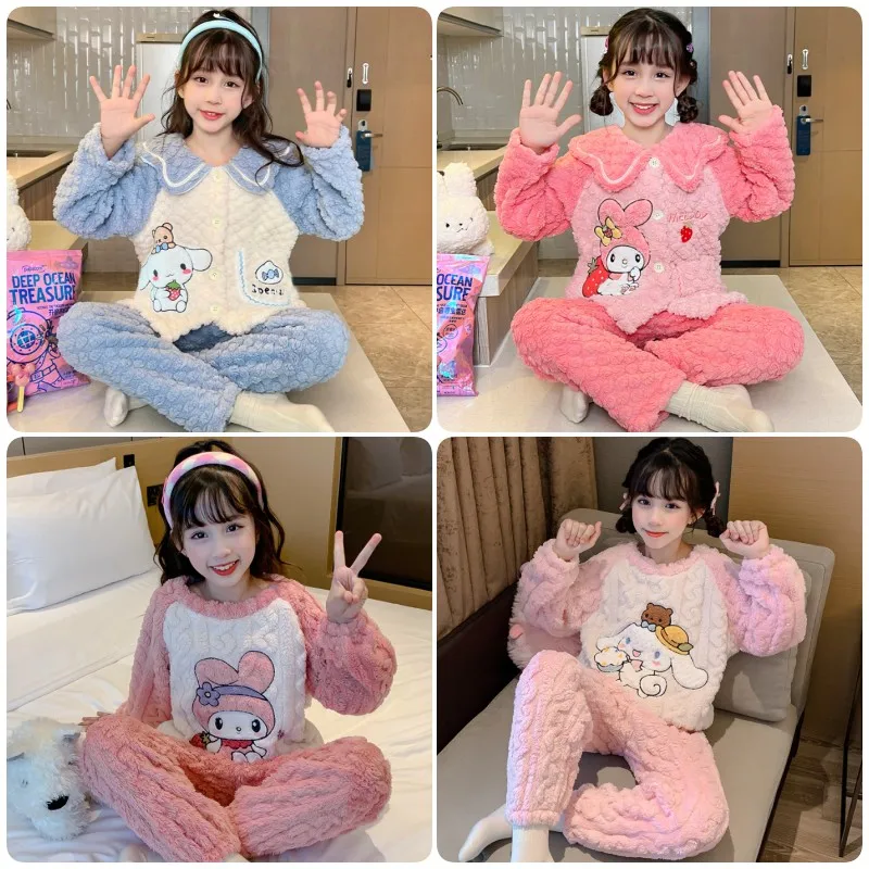 

Kawaii Sanrios Hello Kittys Pajamas for Children Set Homewear Kuromi Pajamas for Girls Christmas Pajamas Melody Winter Sleepwear