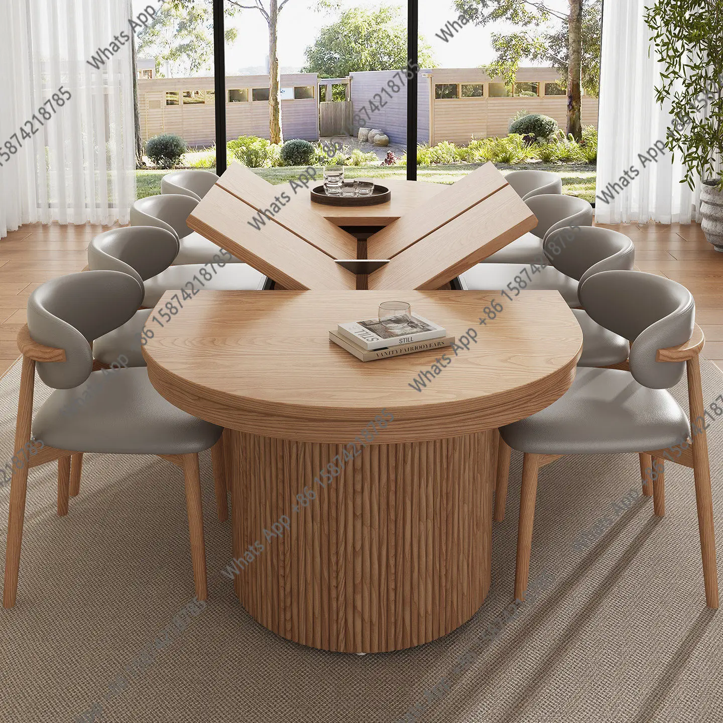 French pure solid wood retractable dining table variable round table folding household rectangular multi-function pull-out can e