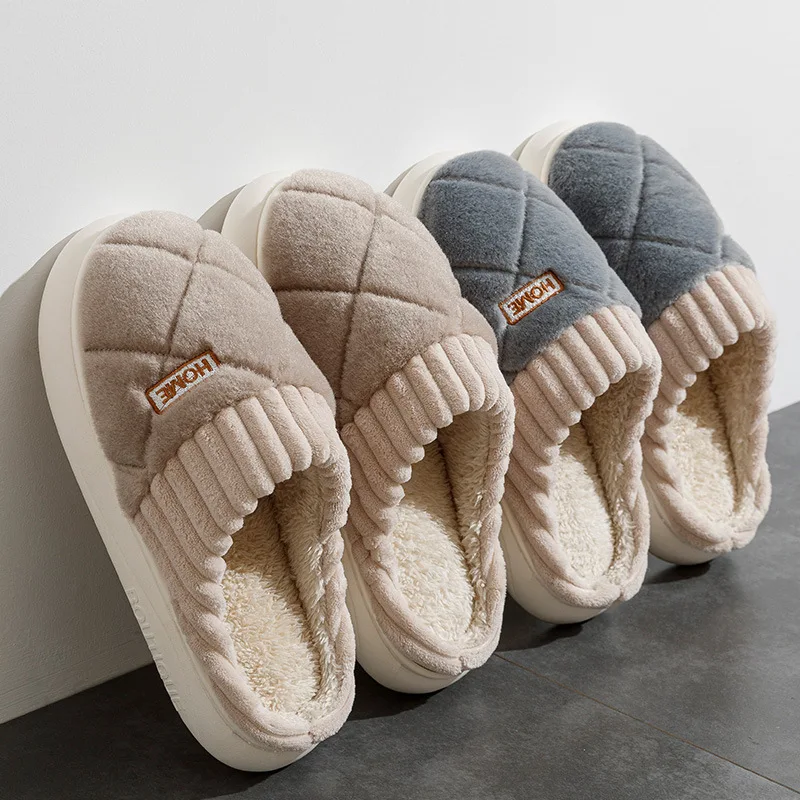 Winter Cotton Slippers for Men Women Warm Fleece Lining Thick Sole Anti Slip Indoor House Shoes