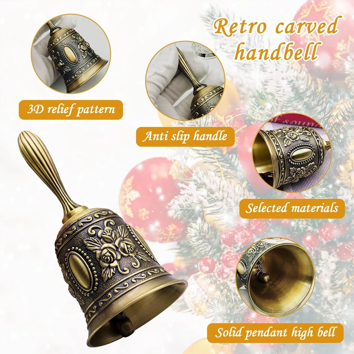 

Metal Hand Bell Hand Bell Clear and Loud Call Bell Retro Christmas Hand Bell Suitable for Restaurants, Hotels, Kitchens, Bars