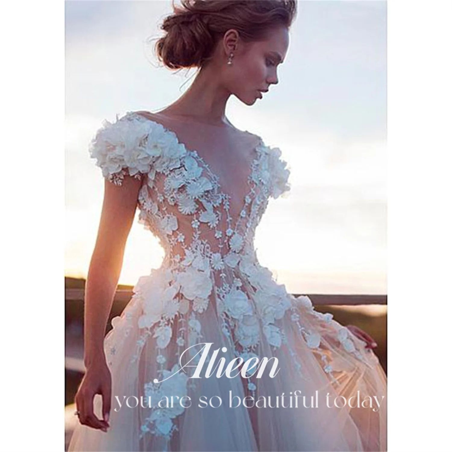 Aileen Abito da sposa a coda lunga bianco avorio Abiti da laurea in pizzo 3D per occasioni speciali Festa serale Gala donna elegante