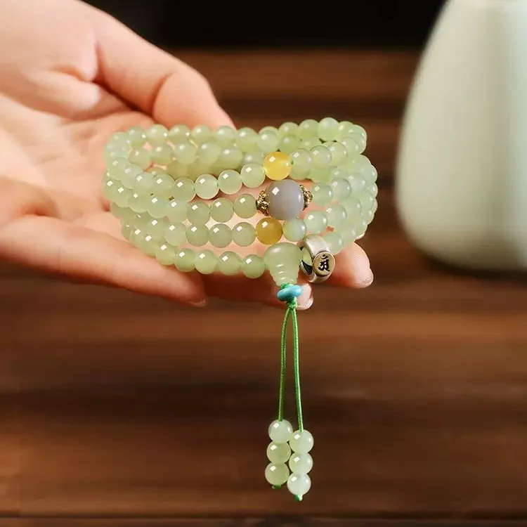 Natural Hetian Jade Multi Wrap Bracelet 108 Beads Buddhist Prayer Beads New Chinese Style Delicate Jewelry for Women Gifts
