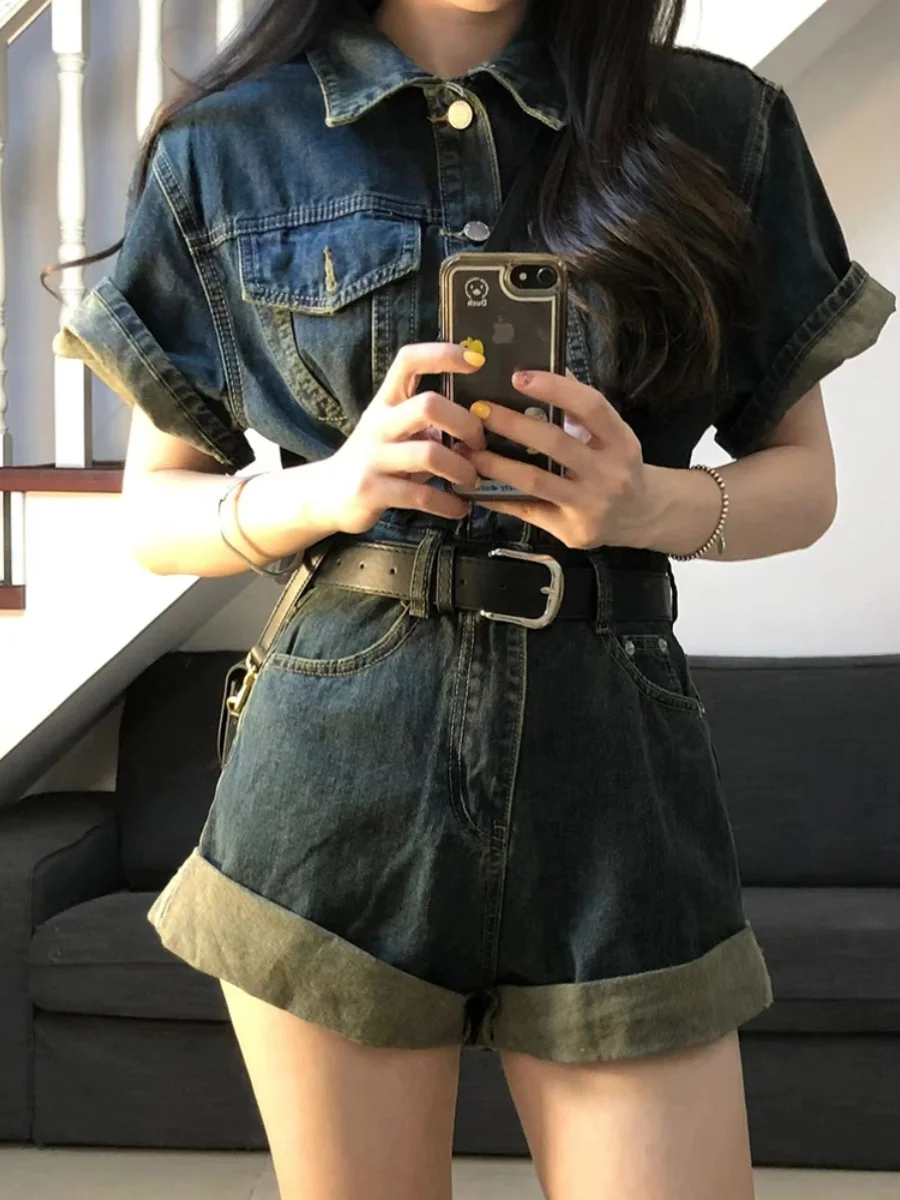 American Style Denim Jumpsuit For Women 2024 Summer Niche Design Slim Waist Wide Leg Casual Shorts