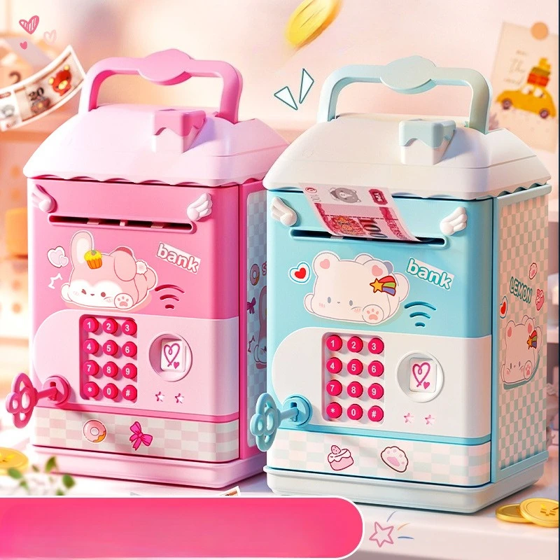 Kawaii Multifunctional Fingerprint Password Lock Intelligent Fully Automatic Coin Rolling Mechanism Suitable Piggy Bank for Kid