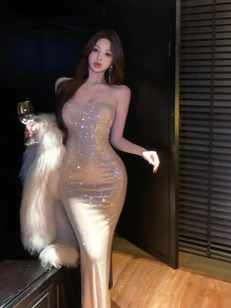 

French Beige Sequins Elegant Sexy Evening Party Long Dress Women's Summer New Round Neck Sleeveless Fashion Backless Slip Dress