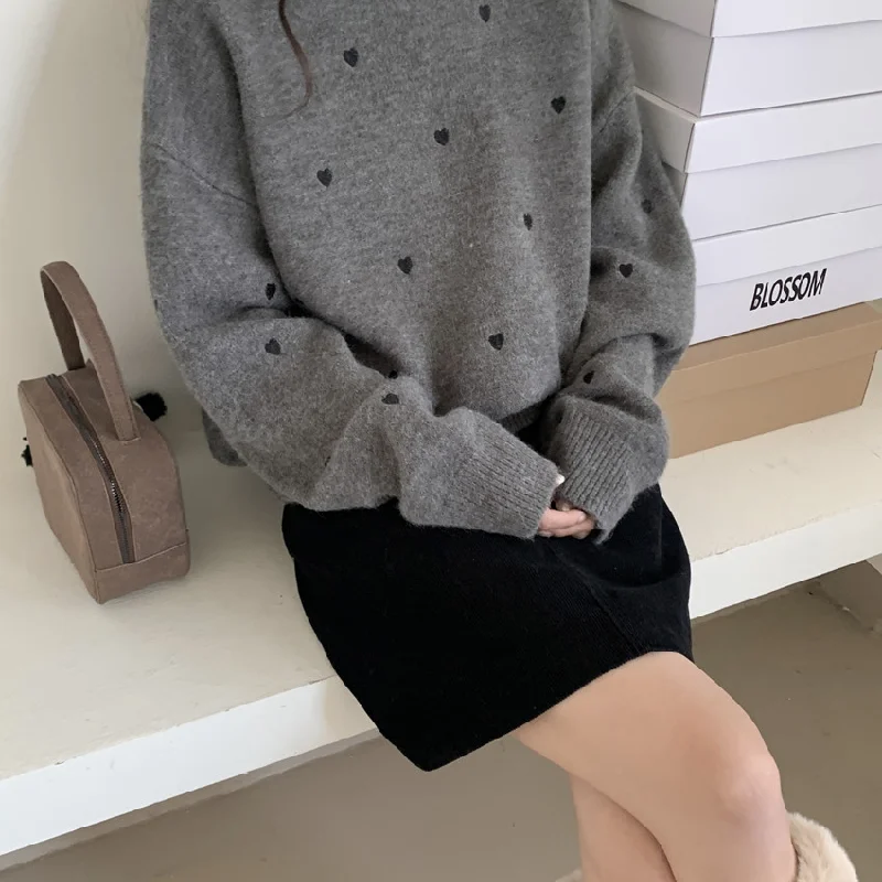 여성용 러브 프린트 풀오버, O넥, 느슨한 부드러운 스웨터, 프렌치 스위트, 레이지 캐주얼 니트 탑, 가을, 겨울