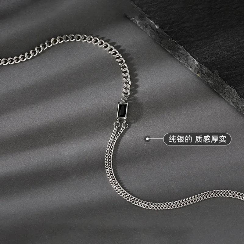 المال الحقيقي 925 فضة المختنق قلادة بسيطة سوداء مستطيل سلسلة قلادة للنساء الرجال حفل زفاف مجوهرات هدية #5
