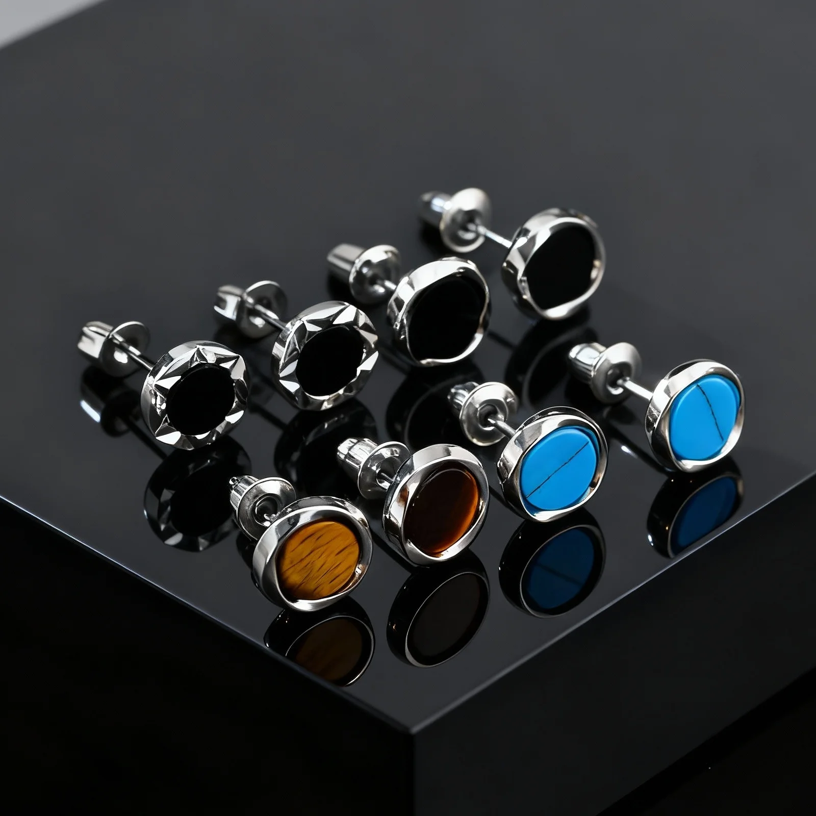 Stylish Geometric Round Stud Earrings for Men Boys, Black Agate Tiger Eye Natural Stone Earrings, Fashion Daily Jewelry Gift