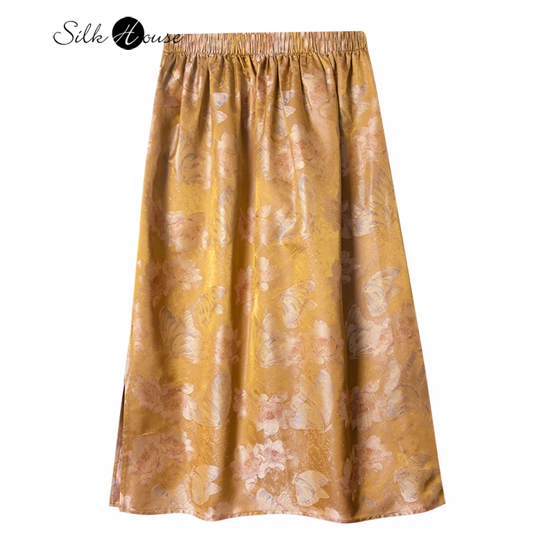 

Heavy 100% Natural Mulberry Silk Song Brocade New Chinese Yellow Background Butterfly Peony Printed Women's Temperament Skirt