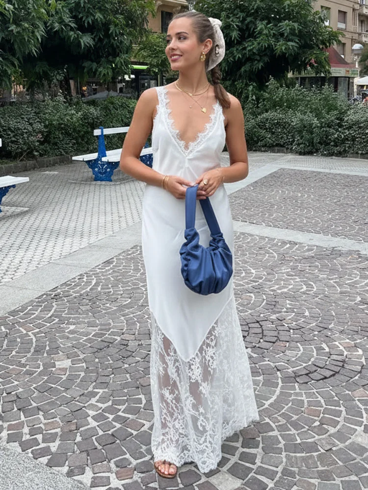 

Tossy V-Neck Lace Patchwork Long Dress For Women Sleeveless Printed Slim High Waist Elegant Party Dress Female Autumn Maxi Dress