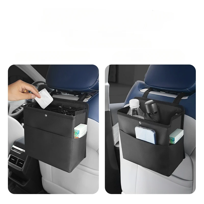 Car Trash Bin Leather Auto Front Passenger Seat Hanging Garbage Storage Organizer Seat Back Phone Tissue Pockets Accessories view 2