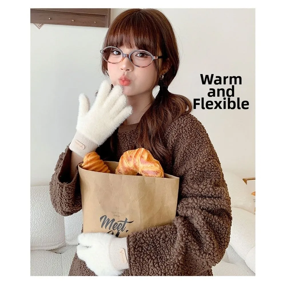 Cute Thickened Furry Gloves Solid Color Warm Knitted Gloves Windproof Cold-proof Mink Velvet Gloves Outdoor Cycling Driving