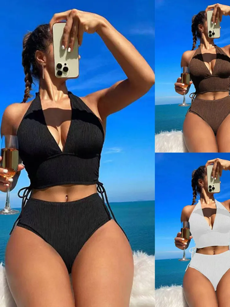 

Новый женский раздельный купальник-бикини 2025 года с завязками на шее, однотонный, для спорта и фитнеса, повседневный, шикарный, в стиле нижнего белья