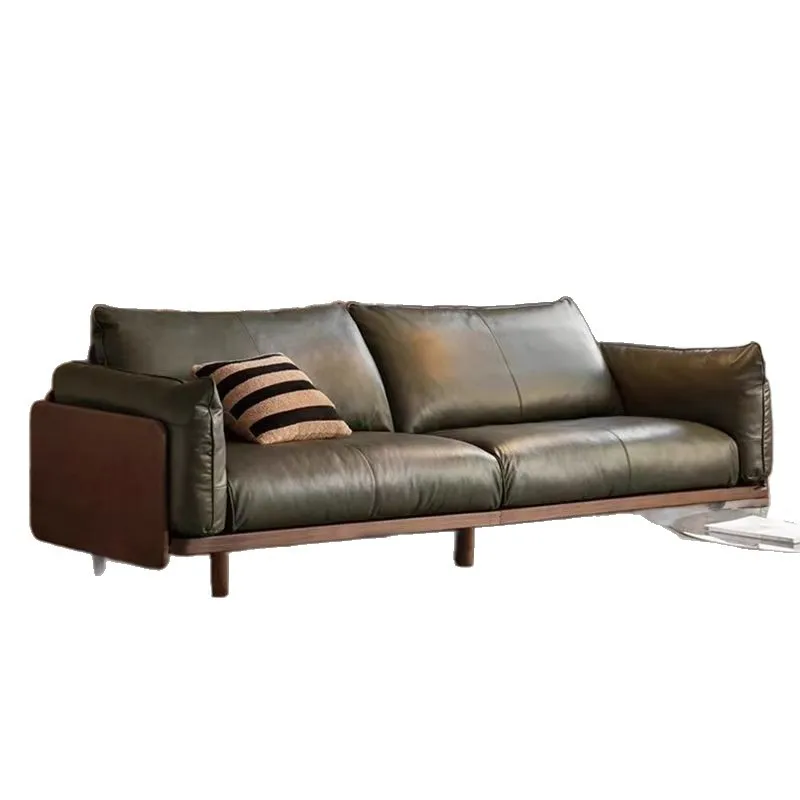 

Medieval style solid wood sofa living room Italian light luxury small apartment leather art sofa home black walnut color