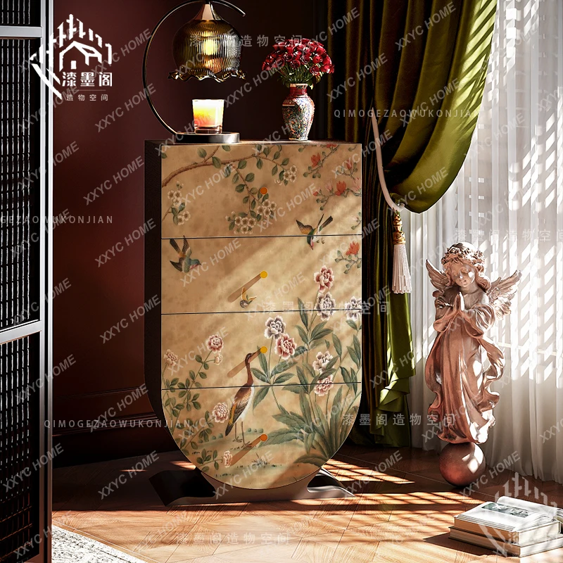 Chinese Style Flower and Bird Lacquer Painting Four-Drawer Cabinet Solid Wood Entryway Living Room Integrated Storage Cabinet