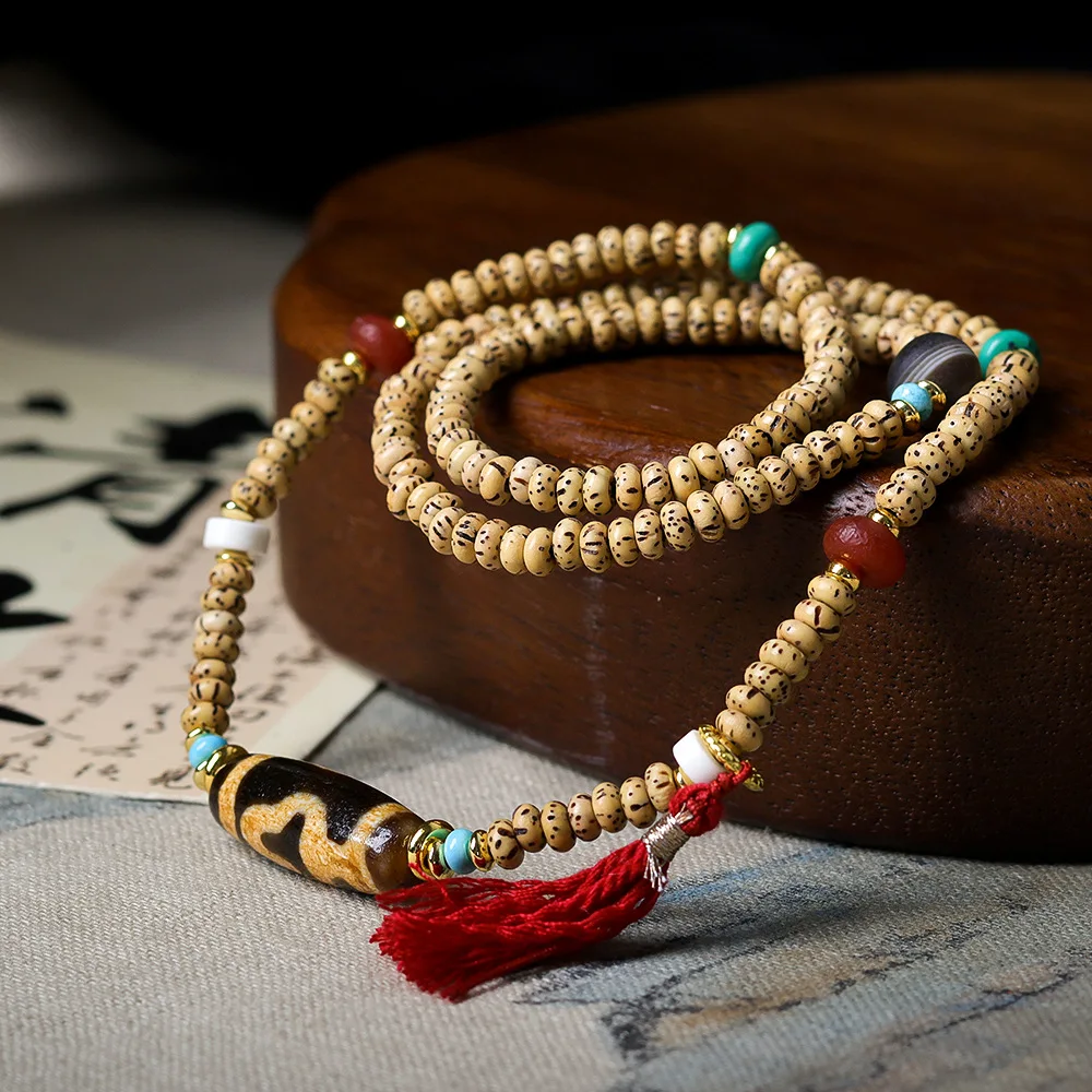 Original Star Moon Bodhi Seeds Triple Loop Strings Tibetan Jewellery Dzi Beads Wrapped Agate Literary Bracelet Necklace